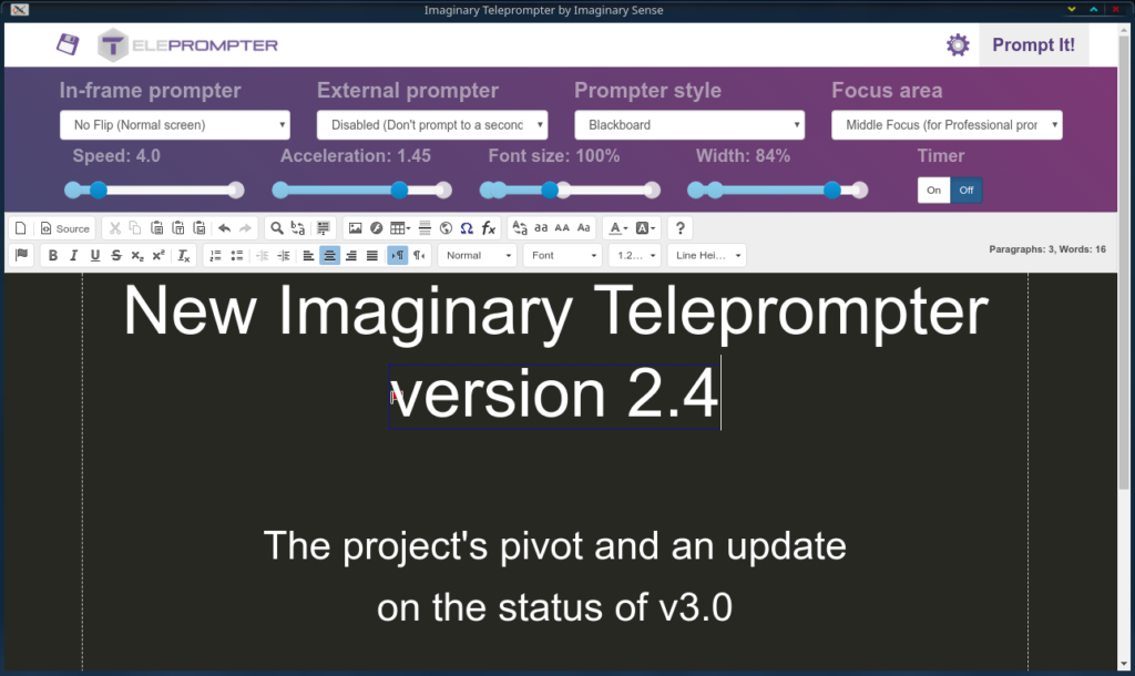 New Imaginary Teleprompter version 2.4, the project's pivot and an update on the status of v3.0.